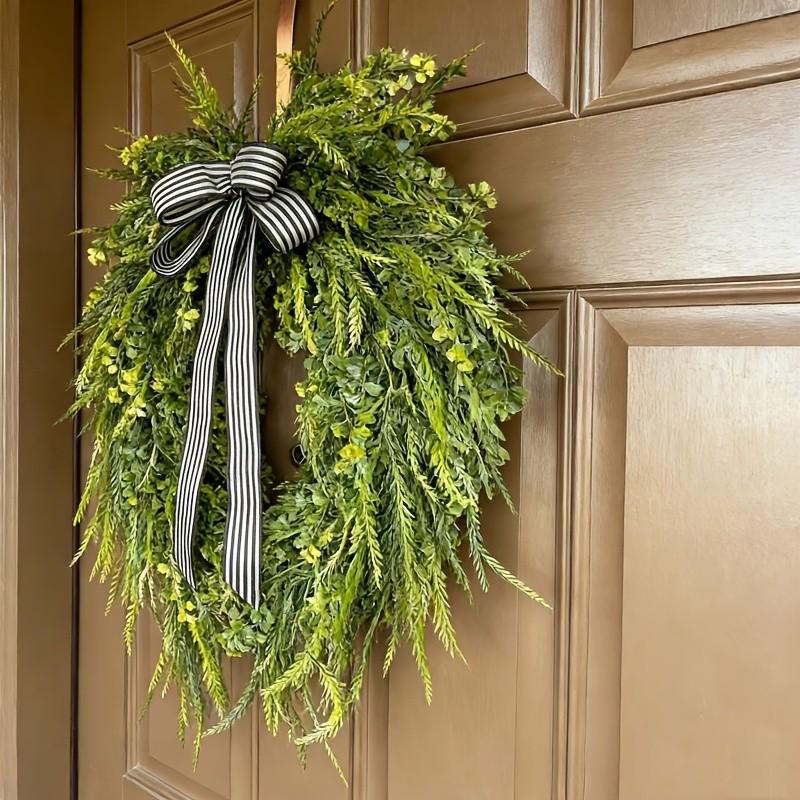 Summer Fern Water Grass Wreath, All-Season Decor, Featuring Water Grass, Cypress Leaves, Bow, Wall Decoration, Front Door Wreath