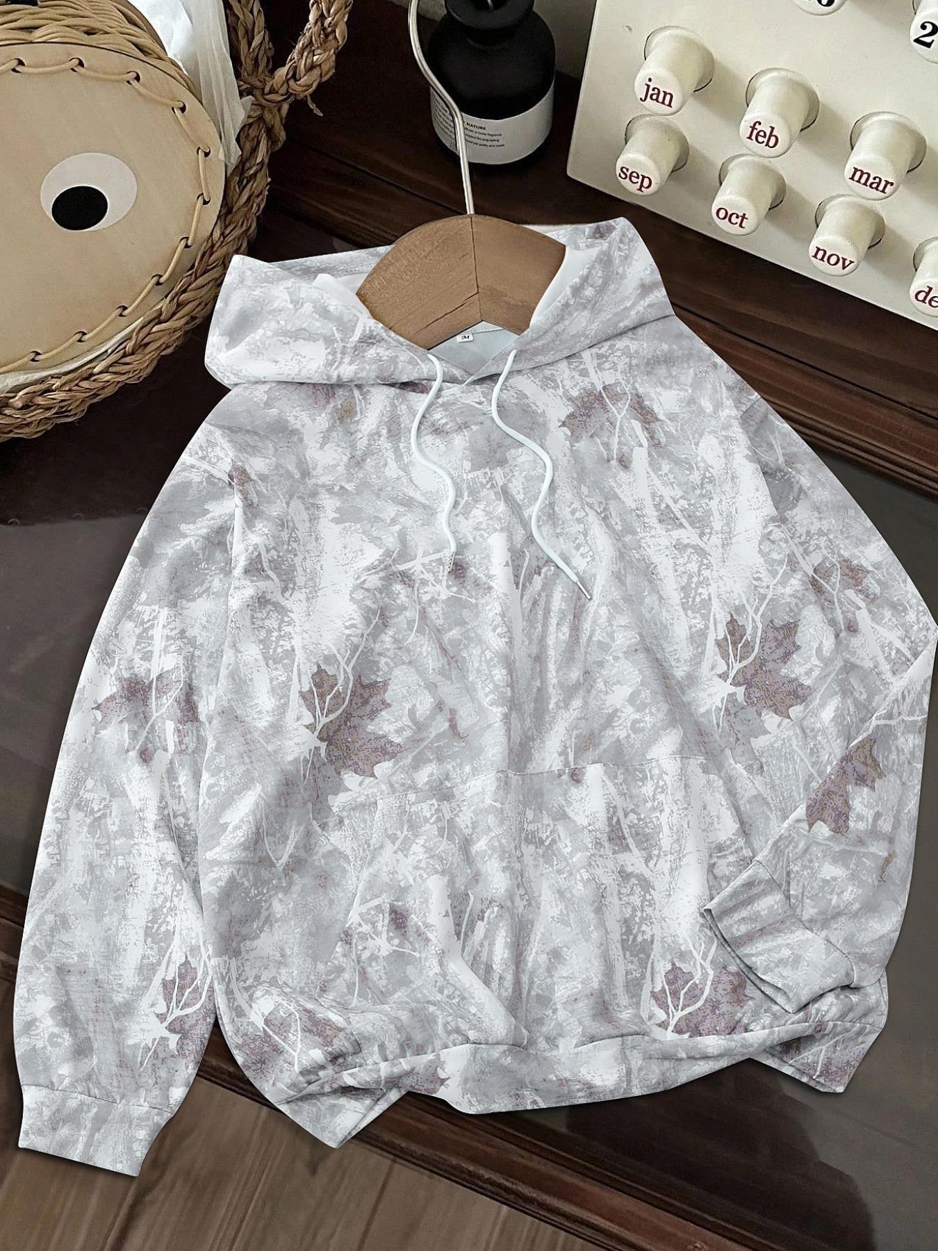 Women's Fall Winter Hooded Sweatshirt, Plant & Camo All over Print, Casual Fitted Woven Fabric, Streetwear Trendy Style, Camouflage