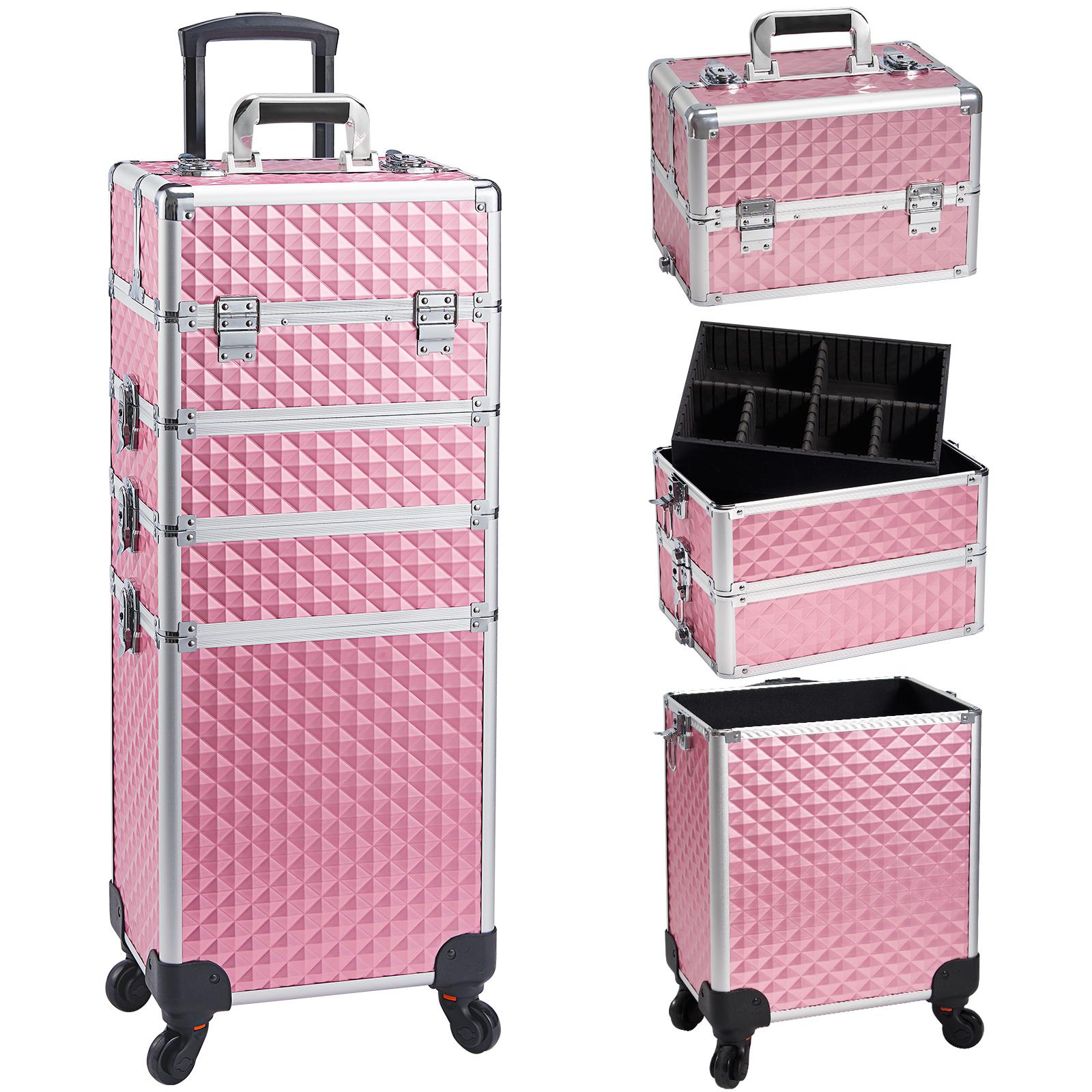 Joligrace 4 in 1 Rolling Makeup Train Case Large Cosmetic Trolley Box with Key Swivel Wheels Salon Barber Case