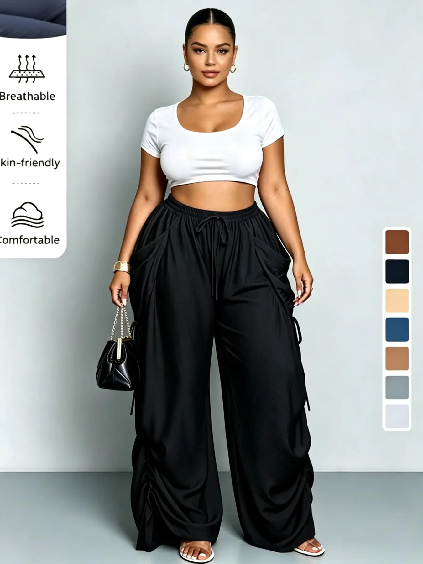 High-Waisted Drawstring Straight-Leg Pants for Women, Fashionable Loose-Fit Trousers, Comfortable Casual Wear for Spring and Fall