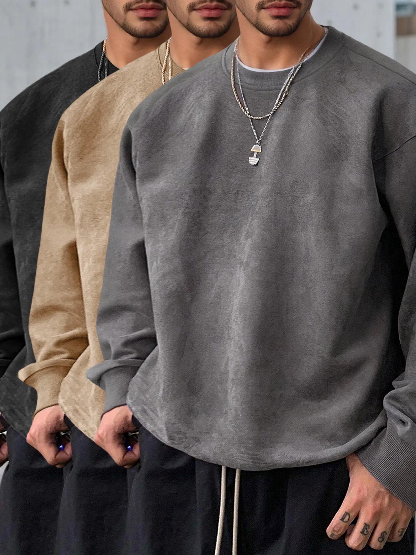Men's Solid Color Plain Round Neck Drop Shoulder Long Sleeve Fleece Sweatshirt, Casual Fit for Fall & Winter, Comfortable Daily Wear