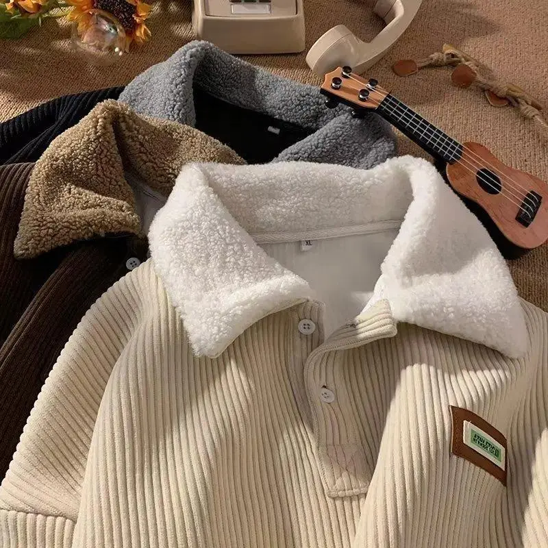 Vintage Corduroy Polo Collar Pullover Sweatshirt - Unisex Sherpa Fleece Lined Lapel Button Sweater, Warm Thick Ribbed Long Sleeve Thermal Jacket, Cozy Oversized Couple Casual Streetwear for Fall & Winter
