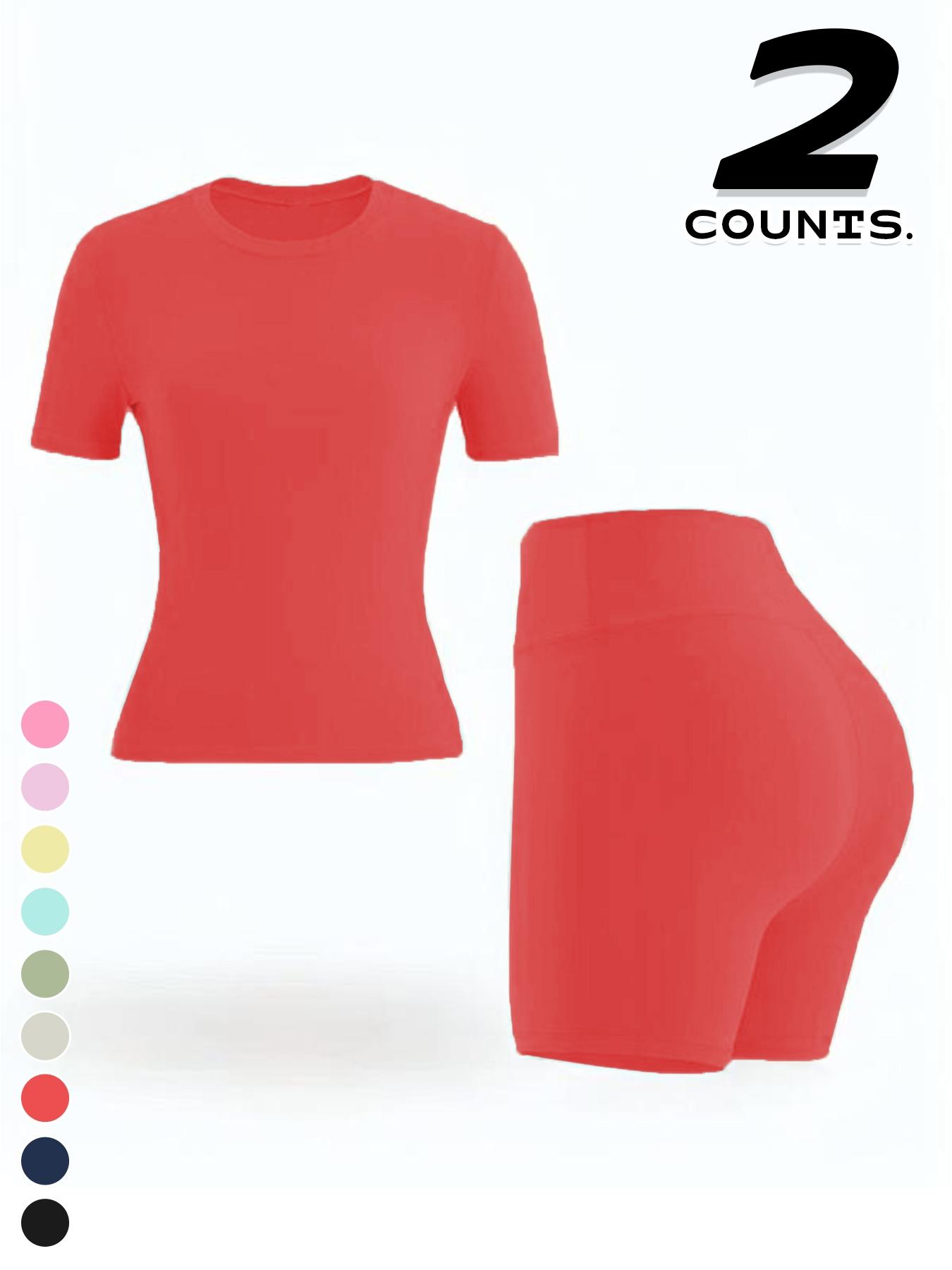 Women's Sport Yoga 2-Piece Set, Plain Short Sleeve T-Shirt and High Waist Shorts, Breathable Gym Running, All Seasons