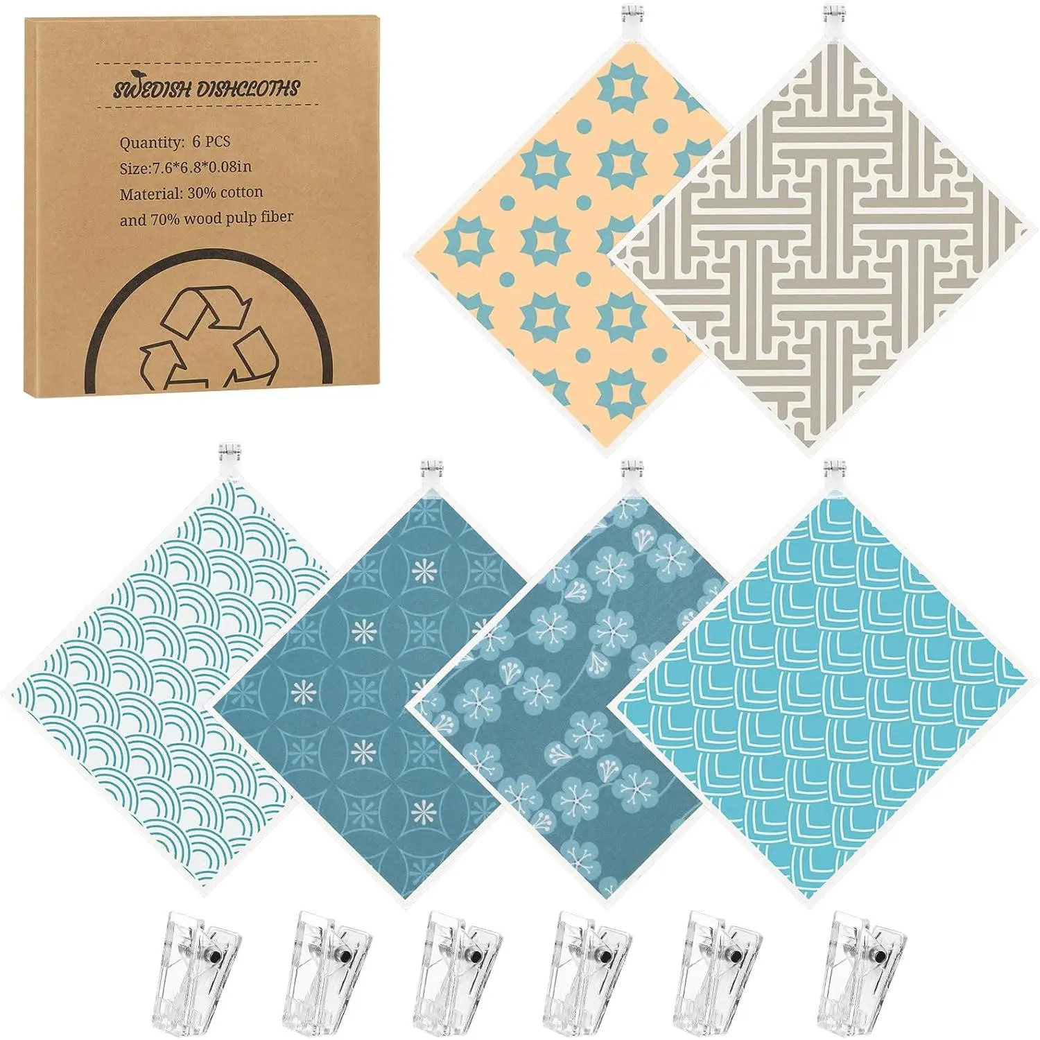 6 Pack Swedish Dishcloths for Kitchen,  Gifts for  Lovers Swedish Rag | Absorbent Dish Cloth with Adhesive Clips,  Paper Towels No Odor for Countertop Sink Kitchen  Mom  for Women