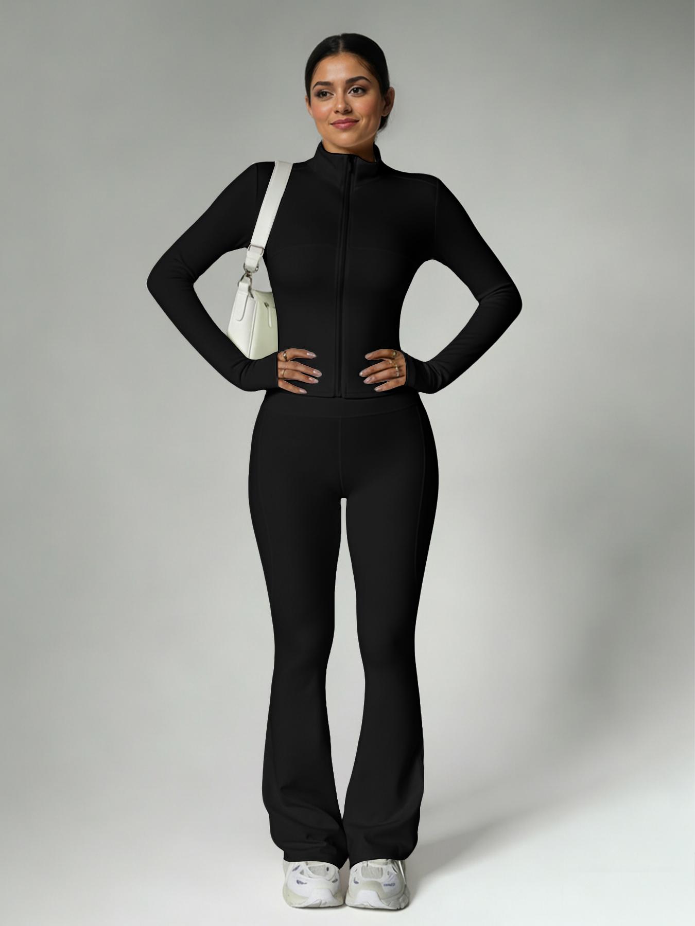 Women's Fashion Two-Piece Set, Slim Fit Long Sleeve Thumb Hole Cuffs, Zipper Front Jacket Style, High Waist Pants, Fall & Winter