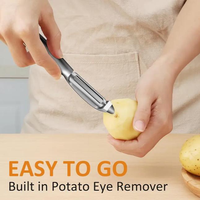 Stainless steel vegetable peeler set with straight knife and non-slip handle, 2-piece set, safe for food contact, potato and carrot peeler with built-in eye remover