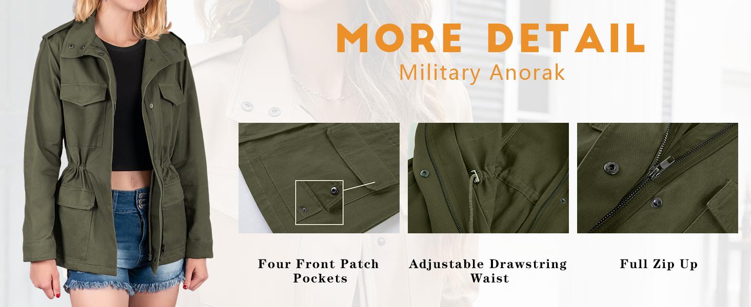 Goranbon Womens Military Anorak Jacket Zip Up Snap Button Parka Safari Utility Coat Outwear with Pockets