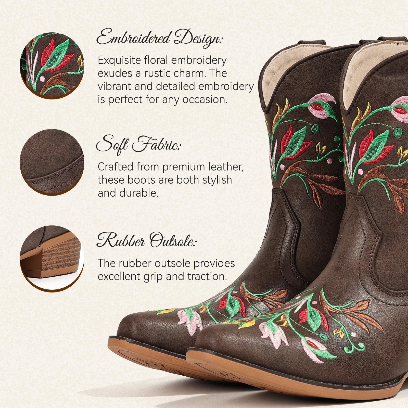 FIORALIE Women's Flower Embroidered Ankle Cowgirl Boots with Almond Pointed Toe Western Cowboy Style Chunky Heel Pull On Short Boots for Comfort and Style