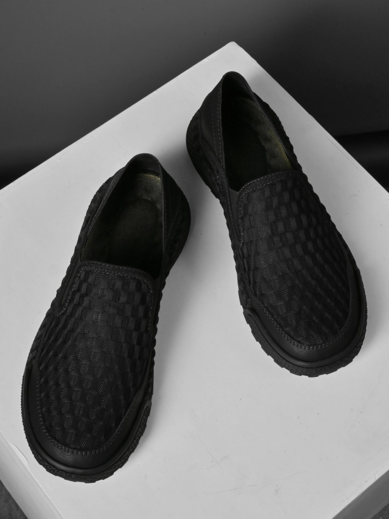 Men's Solid Color Mesh Breathable Slip-On Loafers, Soft Sole Anti-Slip Hand-Stitched Walking Shoes, Lightweight Casual Dad Shoes