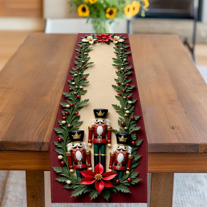 Western Table Runner with Floral and Nutcracker 2D Print, Perfect for Christmas, New Year, Parties, Picnics, Decorate Kitchen, Dining Table, Coffee Table, Desk