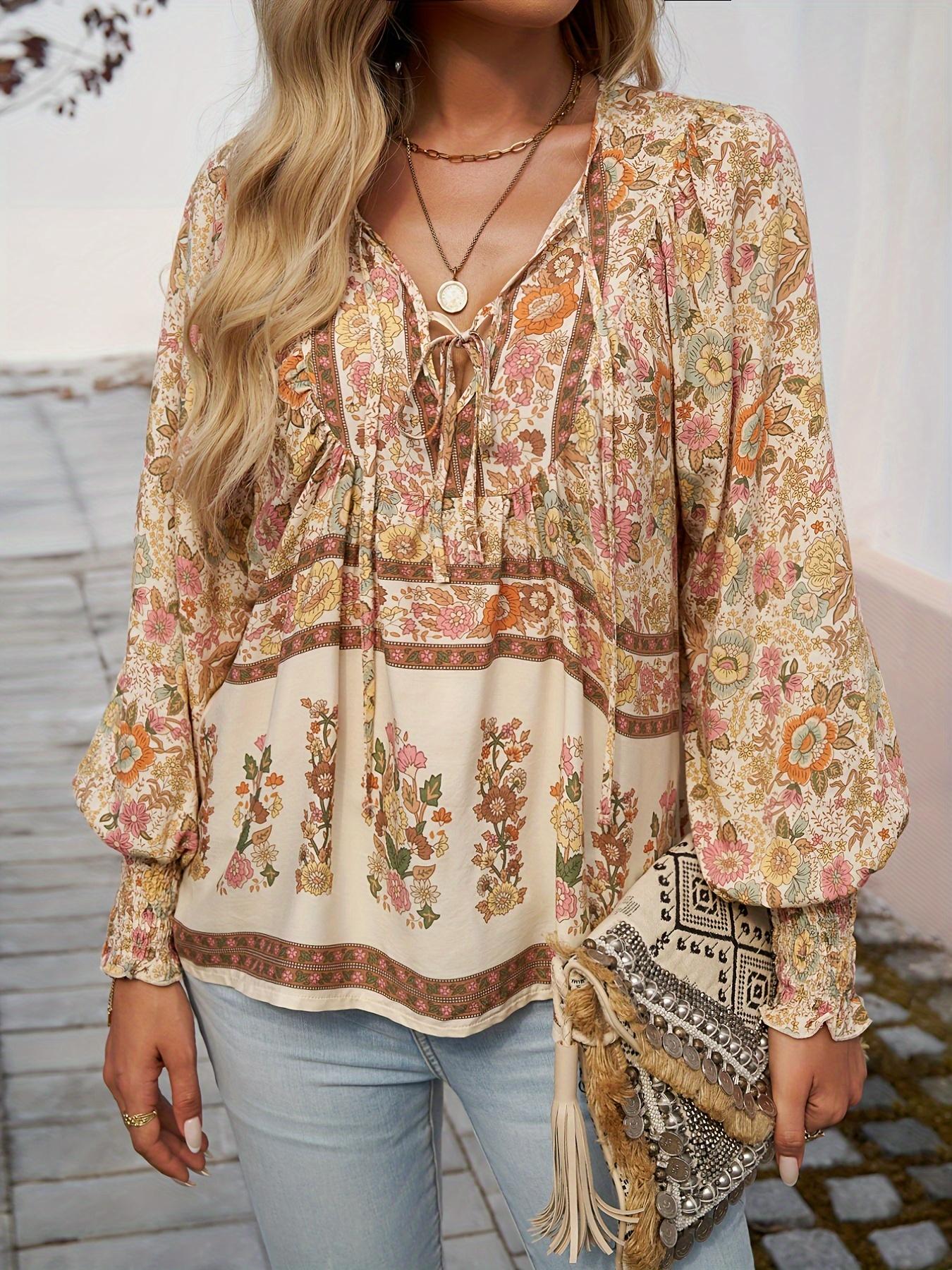 Boho Chic Floral V-Neck Blouse with Tie Detail - Long Sleeve, Casual Resort Wear for Women, Temperament, Fringed Shirt, Leisure Style, ALL/Global/All Top Boh Bohemian emian Bohemian Womenswear Fitted Top