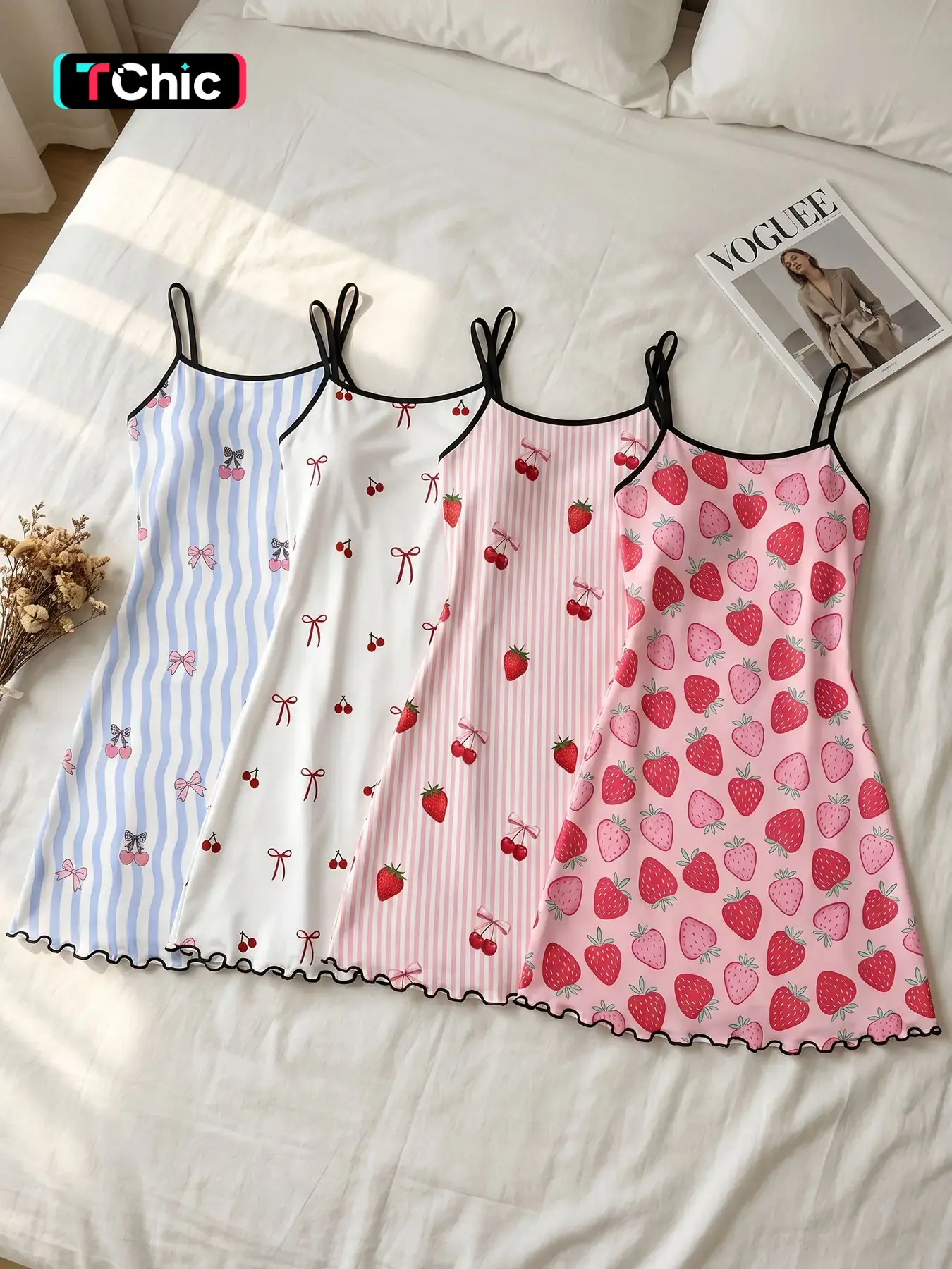 Women's 4 Pack Slip Nightgowns, Sleeveless, Spring Summer Wear, Dopamine Sweet Fruit Strawberry Cherry Print, Bright Vibrant Style, Cheerful Casual Sleep Dress