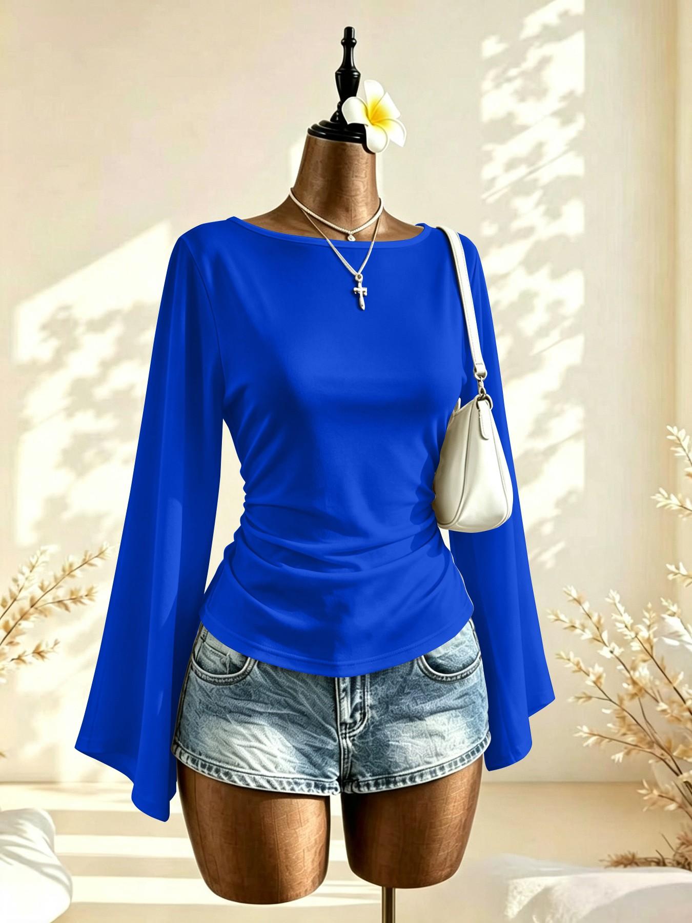 French Lazy Style Plain Color One-Shoulder Bell Sleeve Top, Side Pleat Waist Slimming Commuter Shirt, Choose 1/2 Pieces