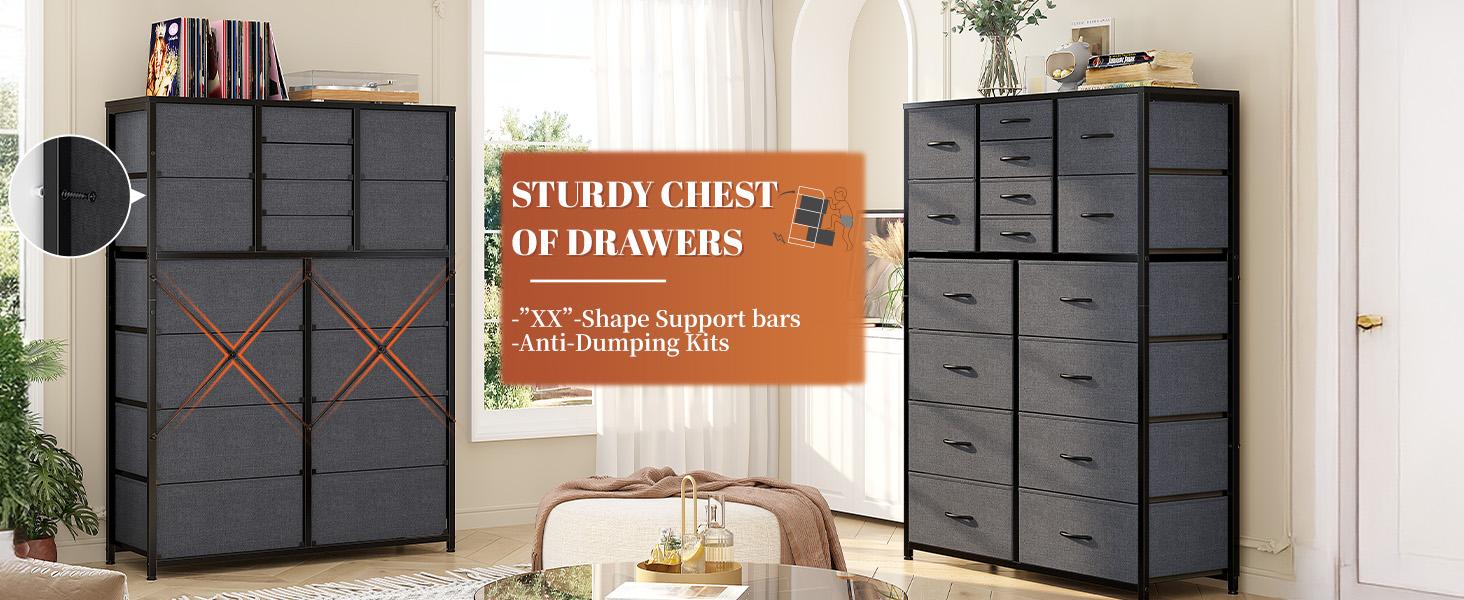 Raybee Furniture Tall Dresser for Bedroom,16 Drawer Dressers & Chests of Drawers, Fabric Bedroom Dresser with Wood Top, Metal Frame,Storage Drawer for Closet Entryway