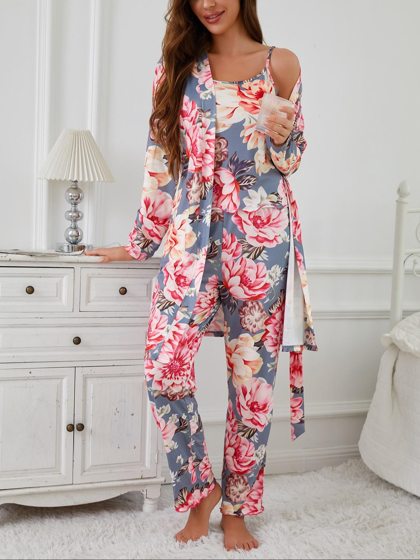 Floral Print Women's Robe Set + Strap Pants Three-Piece Comfortable Sleepwear Suit, Pajamas, Casual Home Wear for All Seasons