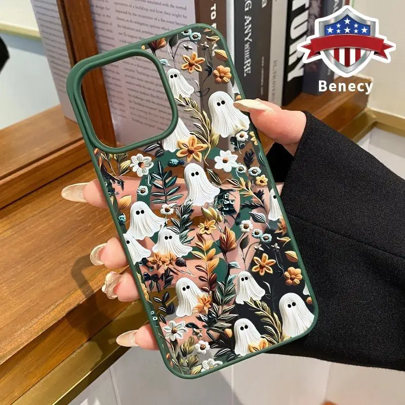 Magnetic Snap Fit Phone Case for iPhone 18 17 16 15 14 Pro 13 12 11 XR XS Plus E Air, Halloween Spooky Garden Pattern, Anti-Yellowing, Shockproof, Ultra-Thin Crystal Transparent Acrylic Cover with Wireless Charging Support, Handheld Phone Accessories