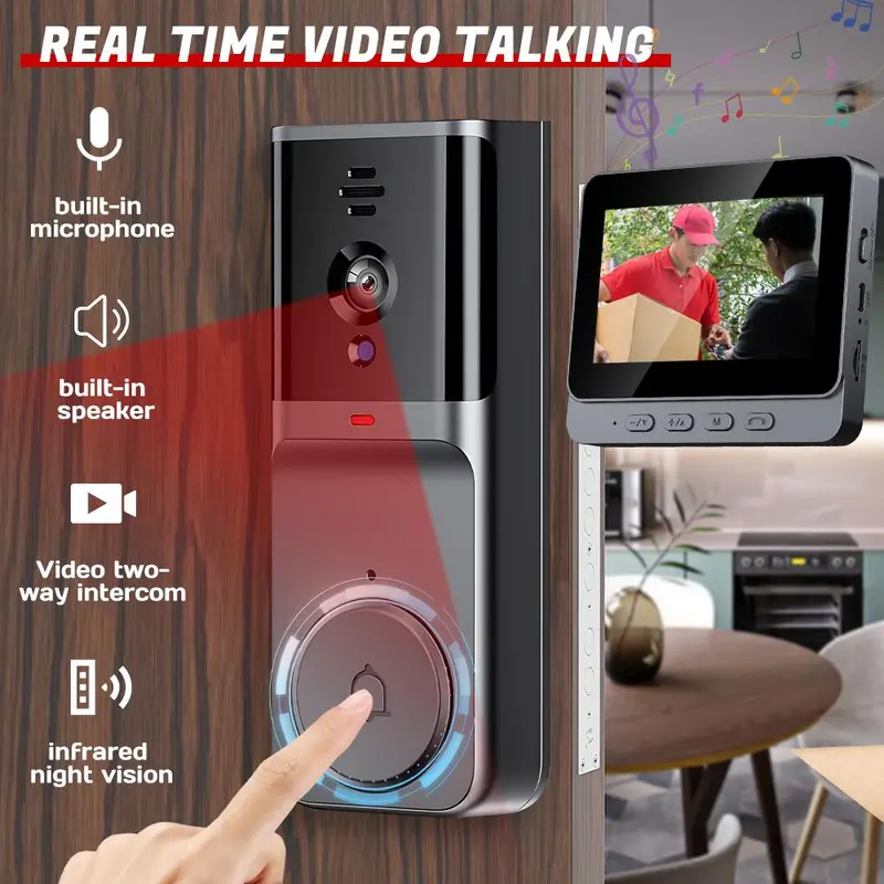 【Fall Deals For You】Wireless Smart Doorbell with GC0328 Sensor & Display Monitor Kit - Home Security System, No WiFi, 2.4G Intercom, 2-Way Audio, 120° Wide Angle, Waterproof, 800mAh Battery-Powered, 8 IR Night Vision, Adhesive Mount, Camera Security