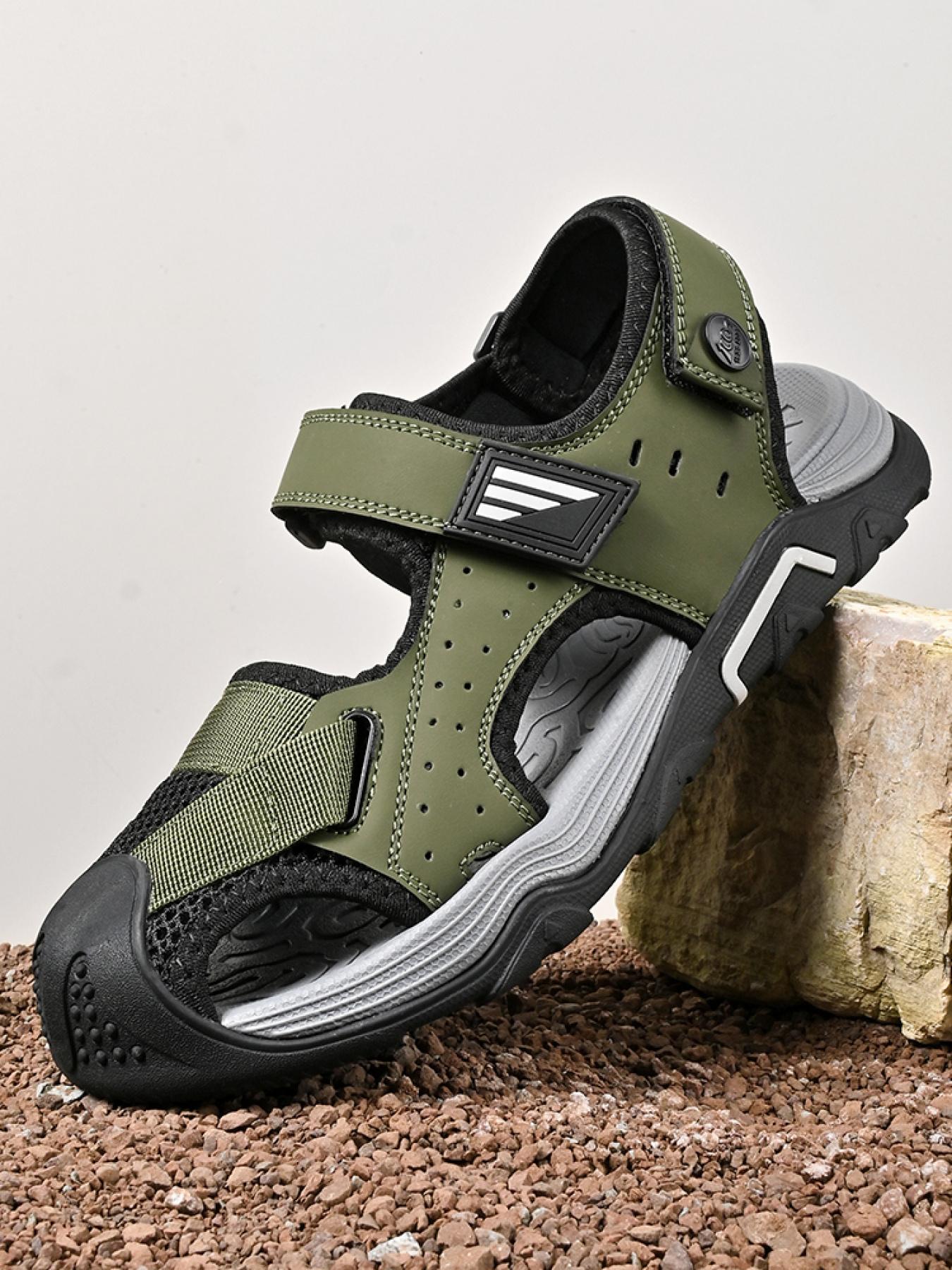 Men's beige solid color dual-use closed-toe outdoor sandals, adjustable with Velcro, non-slip beach shoes, breathable stream sandals