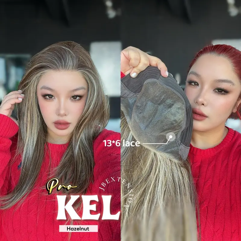 JBEXTENSION 22 Inches Hazelnut Blonde Highlight Pre-Cut 13X6 Free Part Snowflake Lace Frontlace Glueless Wig KEL PRO【BENDY EAR TABS】