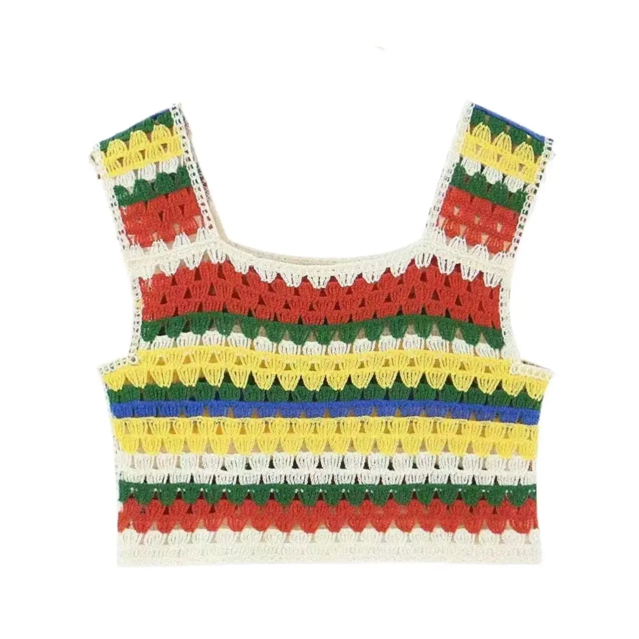 Women Crochet Crop Top Sleeveless Openwork Knitted Rainbow Multicolor Tank and Cami Shirt Fairycore Cottagecore Outfit