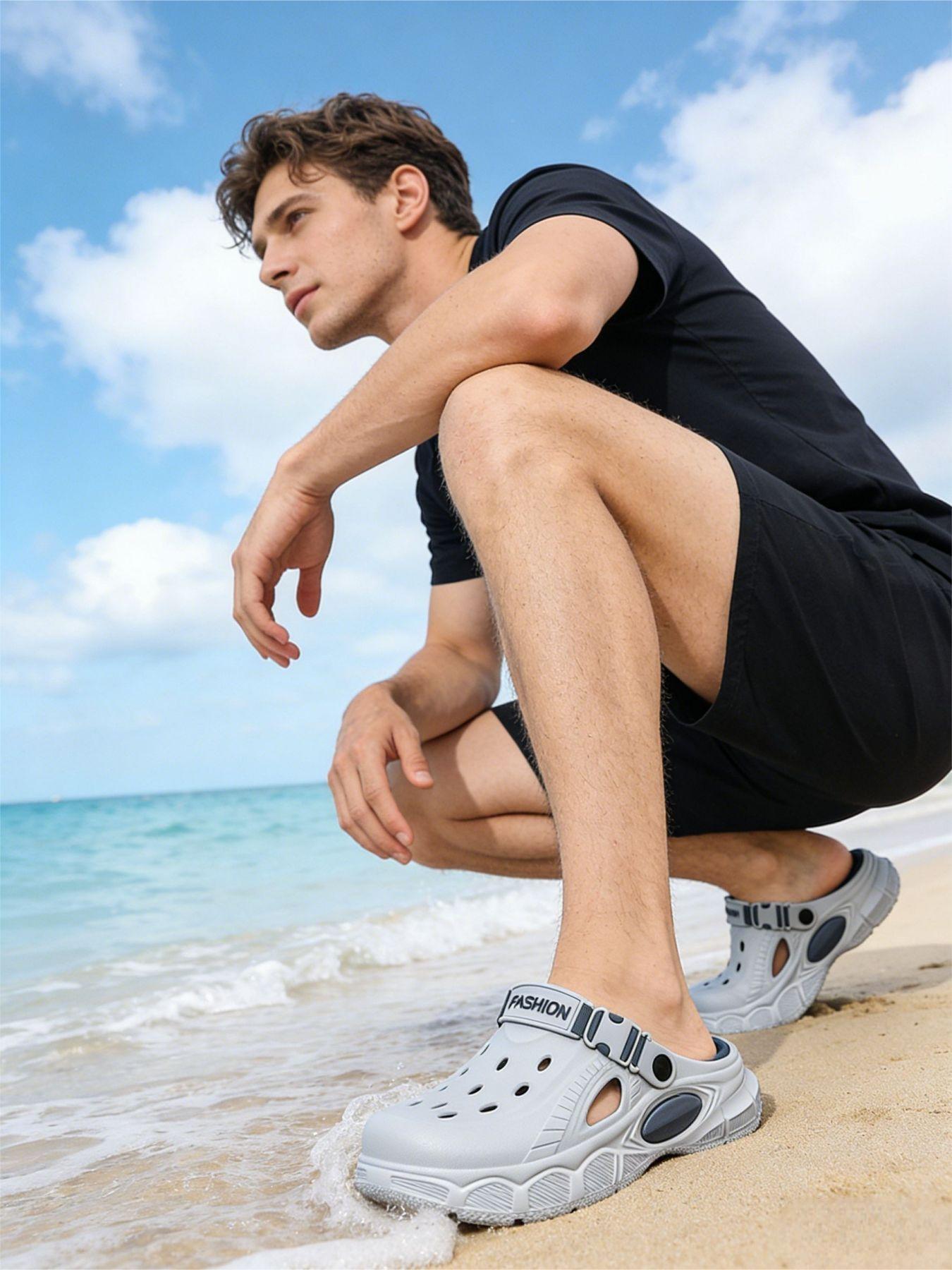 Trendy men's two-tone hole shoes with non-slip soles, quick-drying beach hole shoes, essential for summer seaside vacations and water activities