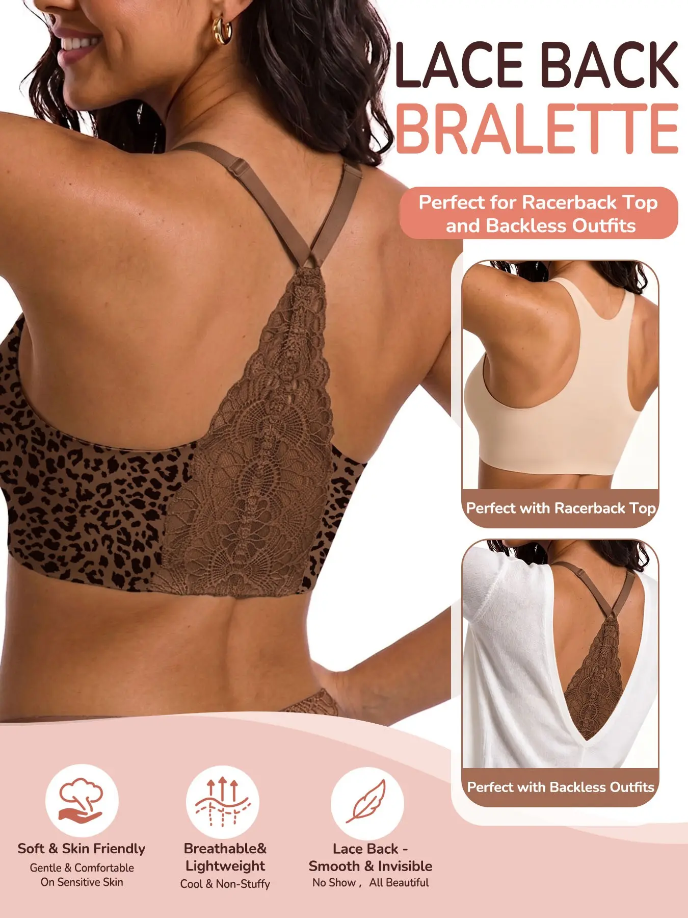 Women's Elegant Leopard Print Lace Racerback Bra, Non-Wired Jelly Light Support Bralette for Party, Holiday & Open-Back Looks
