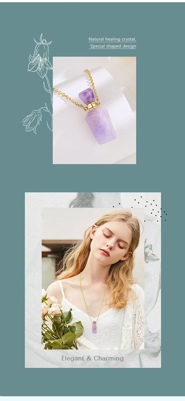 Crystal Perfume Bottle Pendant Necklace for Essential Oils and Fragrance, Unique Natural Crystal for Aromatherapy, Amethyst Healing Jewelry