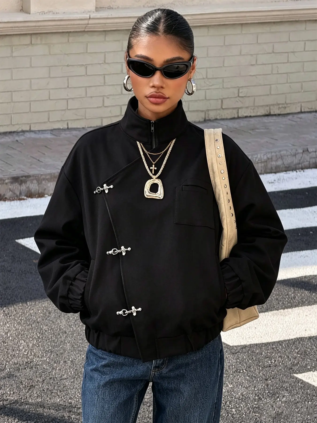 Unisex Stand Collar Bomber Jacket, Asymmetric Metal Buckle Zip Up Outerwear, Solid Black Loose Fit Long Sleeve Coat with Chest Pocket, Goth Streetwear Aesthetic, Heavyweight Casual Windbreaker,Fall Winter Layering Jacket for Men Women