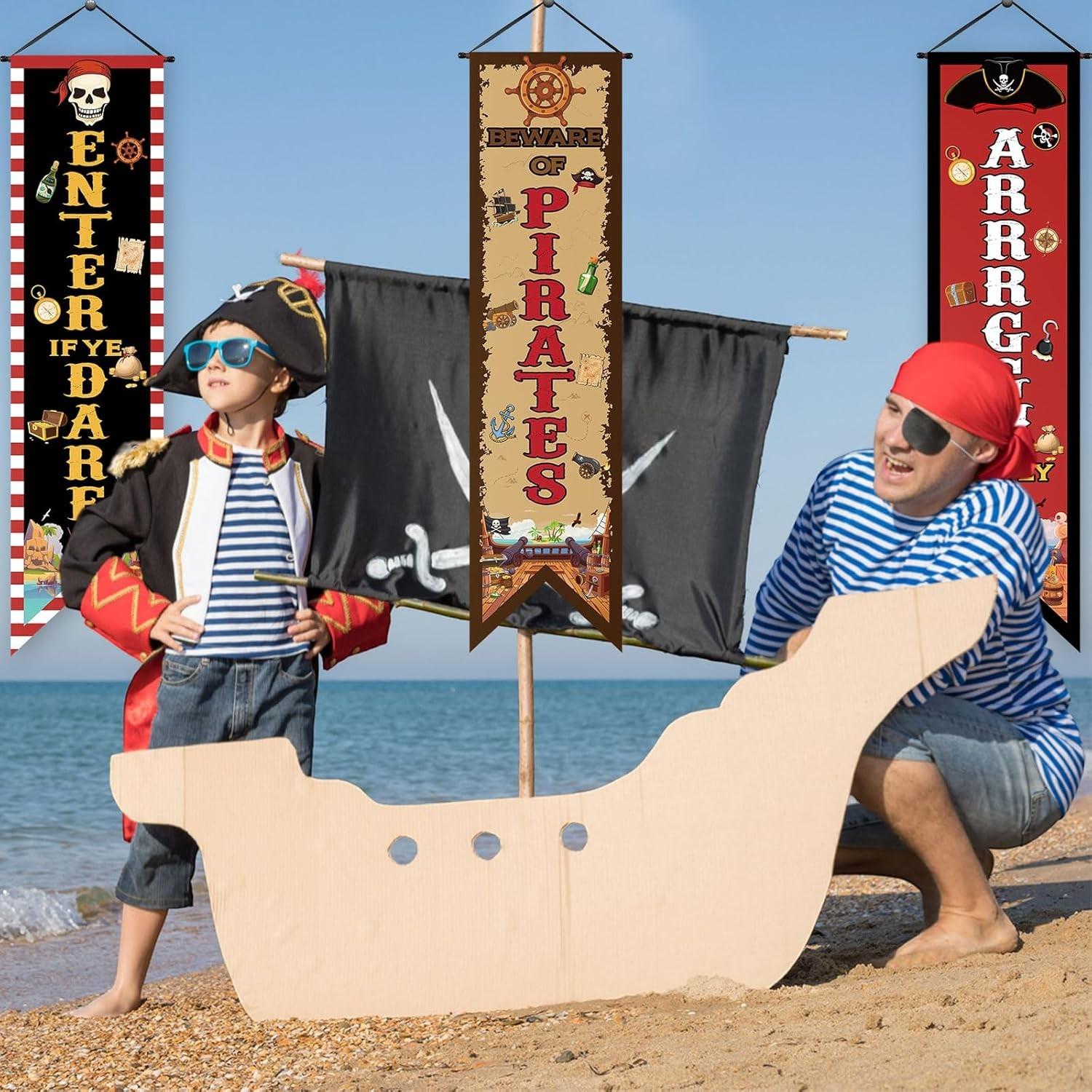 3 Pcs Pirate Banners, Beware of Pirate Porch Sign, Treasure Hunt Hanging Flags, Halloween Party Decorations, Birthday Photo Props