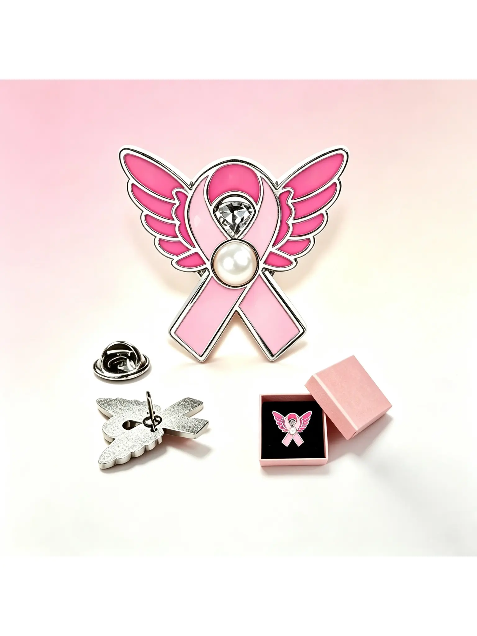 Pink Ribbon Angel Wing Brooch, Pearl Rhinestone Lapel Pin, Gift Box Included, Breast Cancer Awareness Jewelry Gift For Women