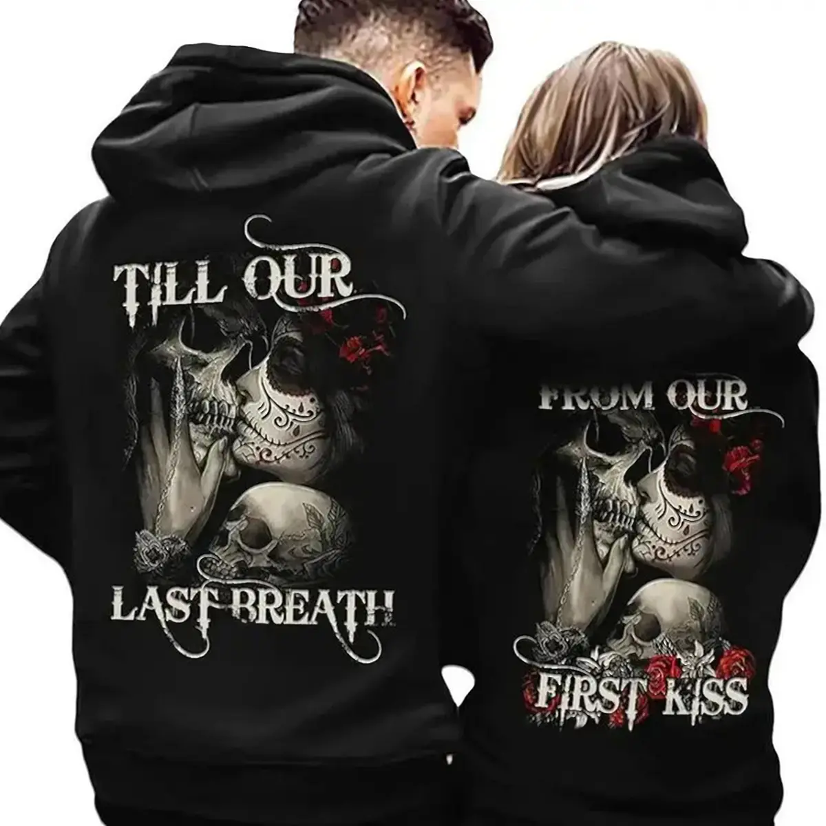 Couple Matching Hoodie |   Sweatshirt |   T-Shirt Skull Rose Graphic, From Our First Kiss Till Our Last Breath His & Hers Sweatshirt, Casual Pullover for Men Women, Romantic Anniversary Valentine Couple Gift