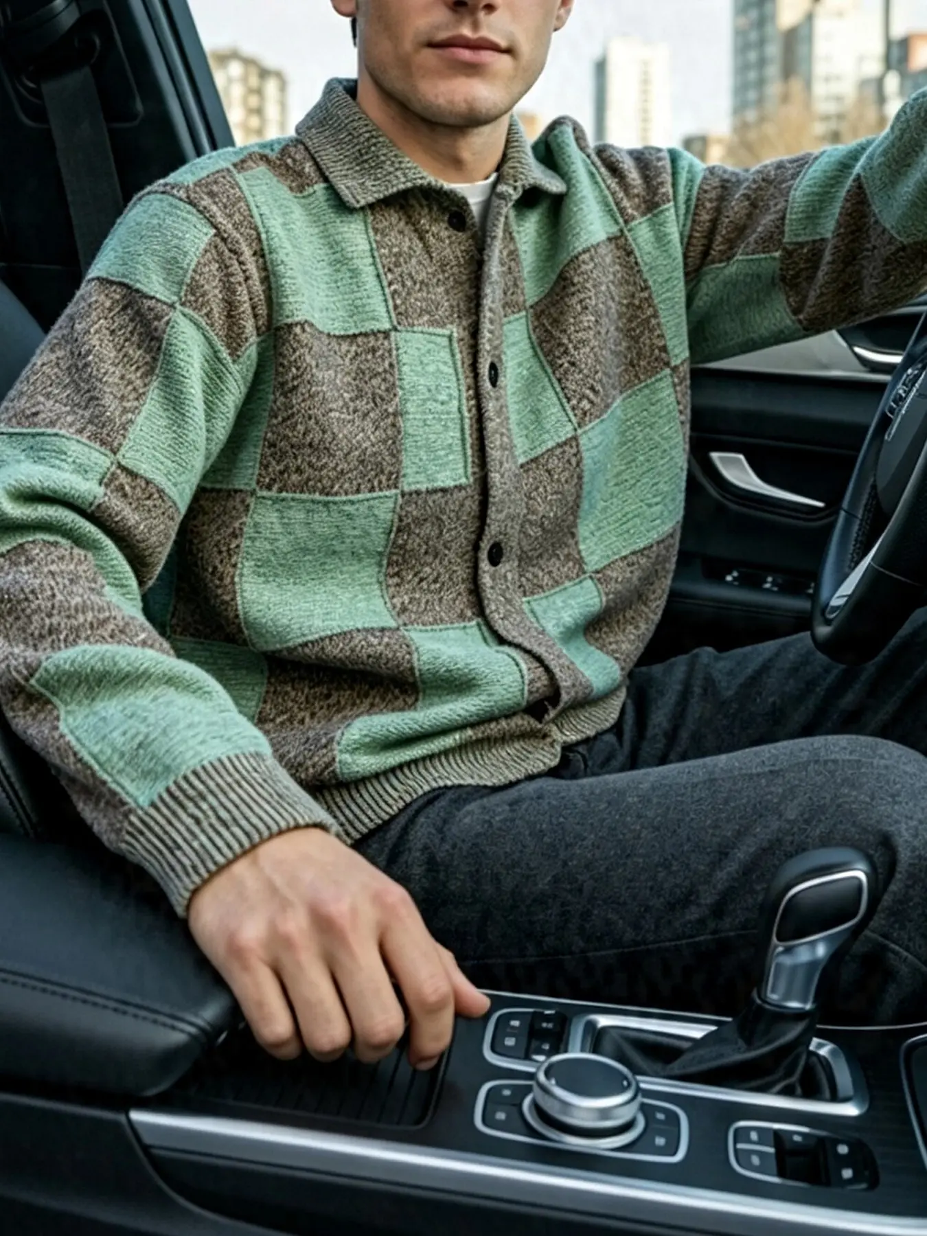 1Pc Men's Checkered Polo Collar Knit Cardigan, Vintage Preppy Style, Button Front Closure, Ribbed Cuffs & Hem, Soft Breathable Knit Fabric, Regular Fit Long Sleeve Sweater for Daily Commute Driving Casual Outdoor