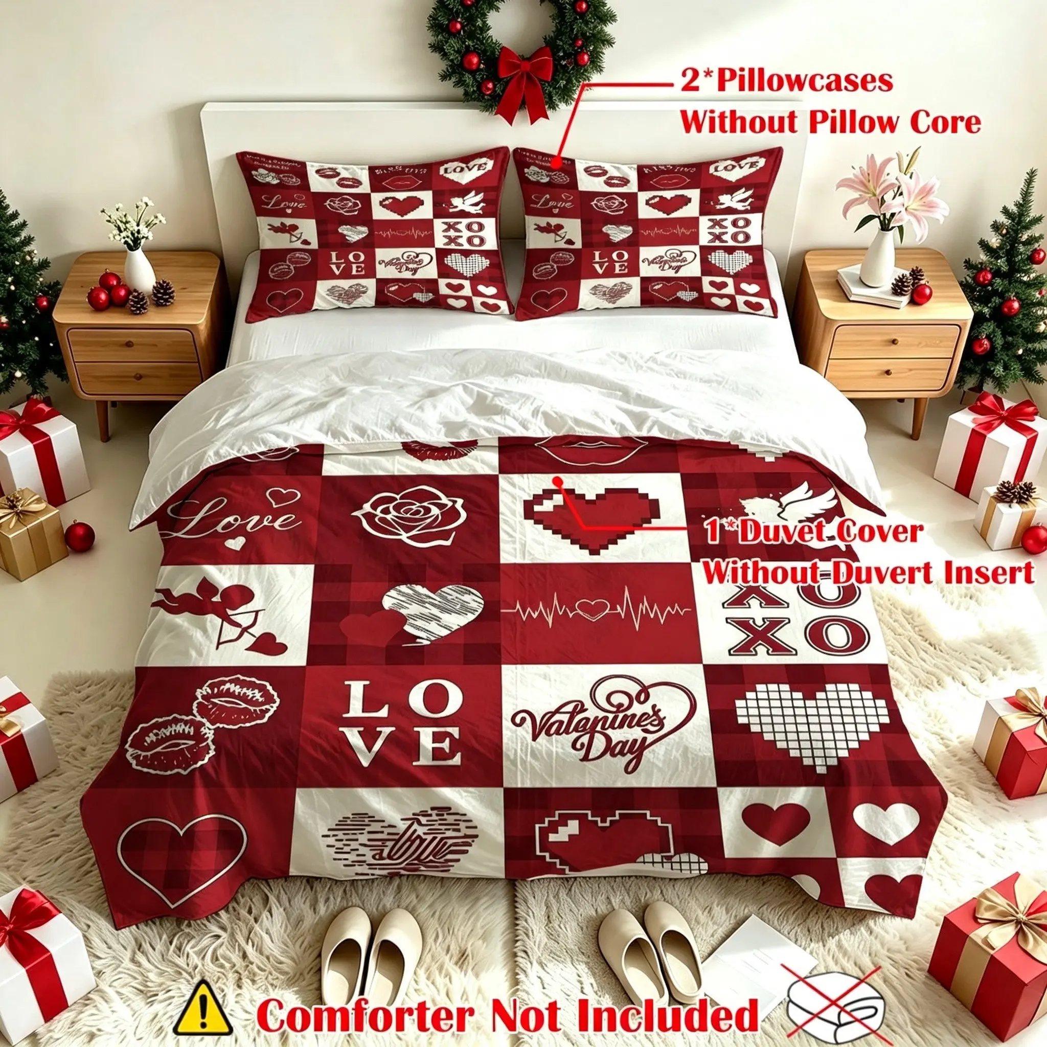 3Pcs Valentine's Day Heart Rose Cupid Love Pattern Duvet Cover Set,1 Duvet Cover+2 Pillowcases,No Filler,Soft Comfortable Bedding 3‑Piece Set for Single Double Bed,Bedroom Dorm Hotel,Gift