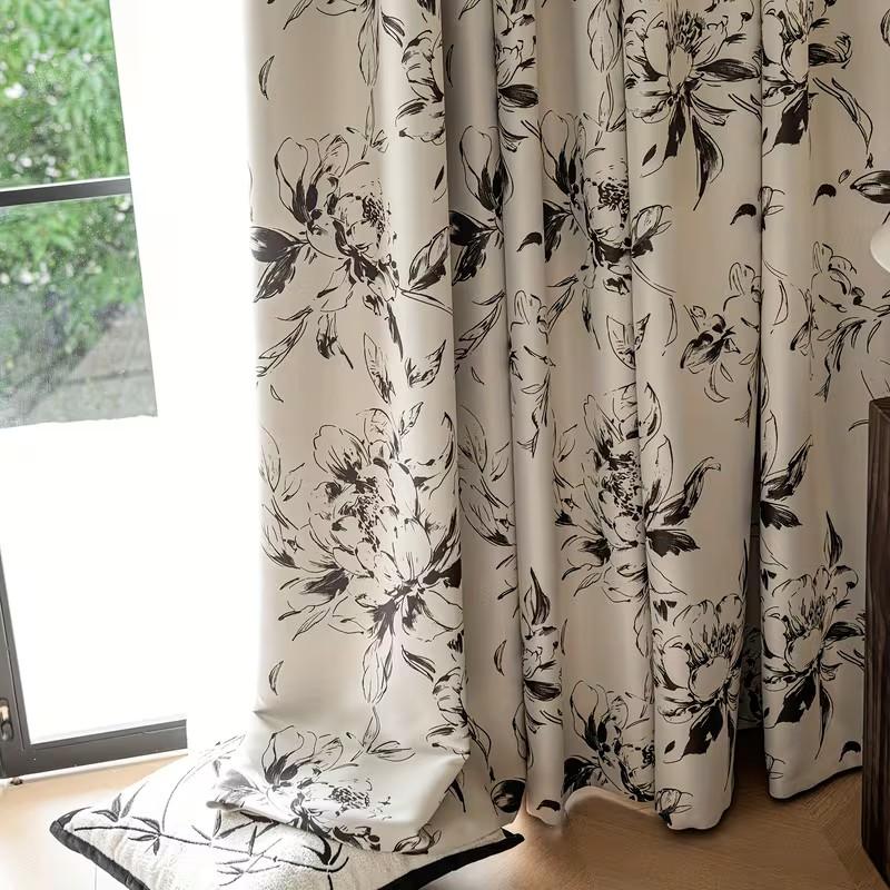 1pc New Traditional Ink Floral Drapes, High Light Blocking, Modern Style, Living Room Bedroom Privacy Decor Curtains, Single Piece