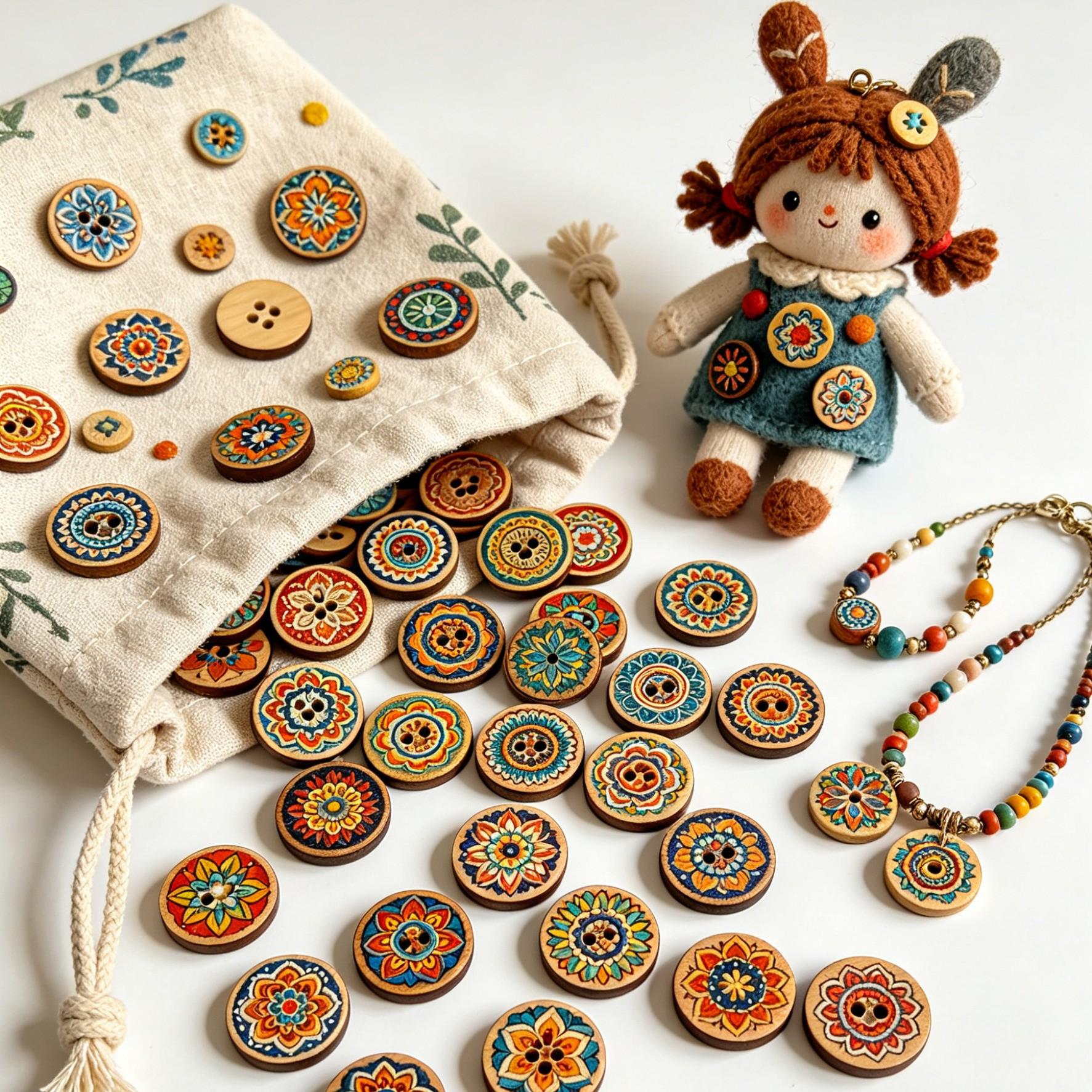 Bohemian Wood Buttons 50pcs, Vintage Floral Print, Handmade DIY Crafts, Home Decor, Jewelry Making, Scrapbooking, Wall Art