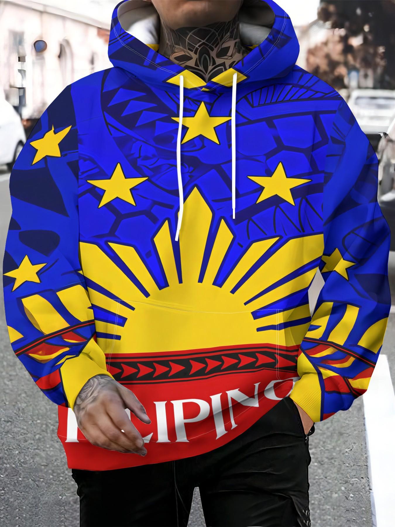 Men's Hooded Sweatshirt with Filipino Design, Sun Star Text Print, Vintage Tribal Pattern, Loose-Fit Casual Top
