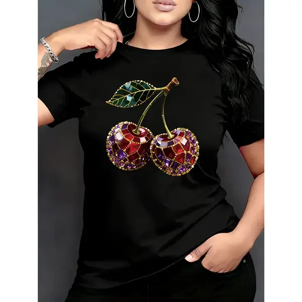 Gem Rhinestone Style Cherry Fruit Graphic Cotton T‑Shirt, Comfort Oversized Cute Fashion Outfit, Artistic Fruit Tee, Valentine’s Day Holiday Best Gift for Her, Perfect Present for Family Friends Women Daily Party Wear