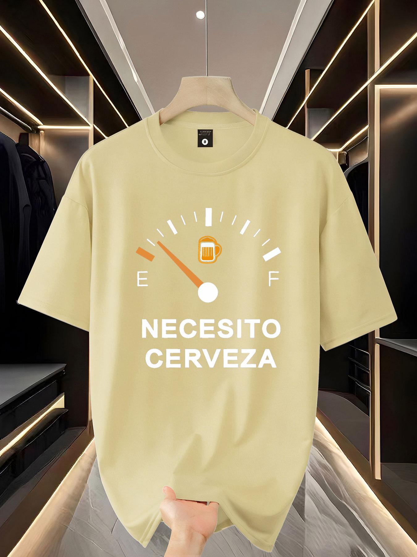 Funny Beer-Themed Short Sleeve T-Shirt, Fun Design with Spanish Text & Gas Gauge Graphic, Perfect for Casual Wear