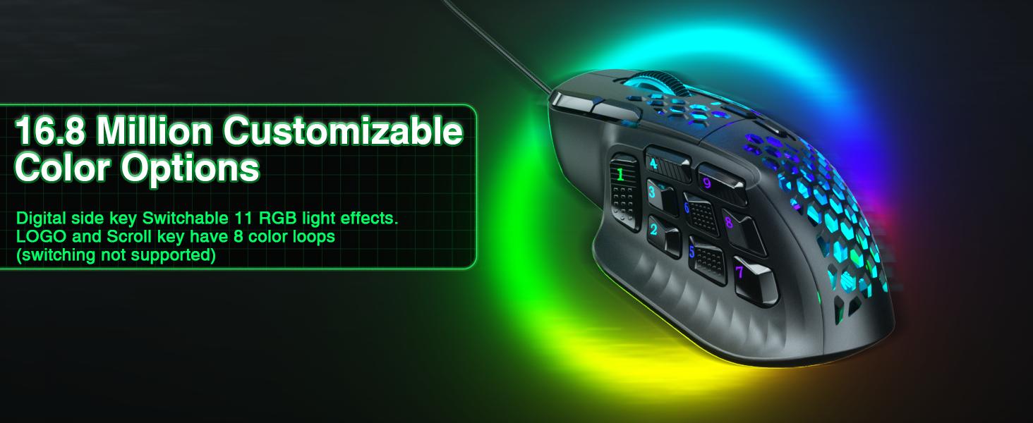 SOLAKAKA SM809 Wired MMO Gaming Mouse with 9 Side Buttons, 22800 DPI RGB Programmable Macro Mouse for PC