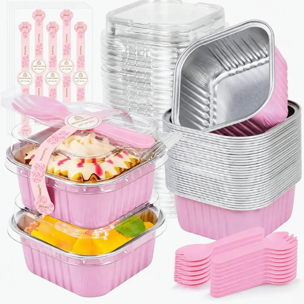 25-Pack 5oz & 10oz Pink Square Aluminum Foil Cake Tins - Small Foil Pack Cake Tins with Lids, Spoons, Sealing Stickers, Baking Cups for Cheesecake, Home Baking