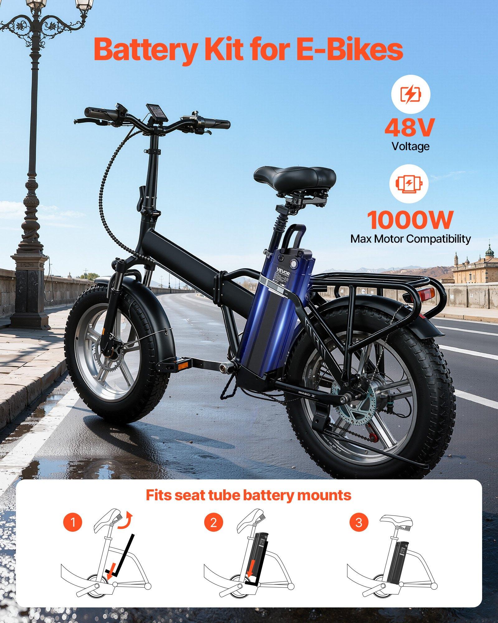 VEVOR Ebike Battery, 48V 15.6Ah Electric Bike Lithium Battery Pack with BMS, 3A Charger and Lock for 1000W E-Bike Motor, Detachable Electric Bicycle Replacement Kit with Indicator & Discharge Socket VEVOR Ebike Battery, 48V 15.6Ah Electric Bike Lithium Battery Pack with BMS, 3A Charger and Lock for 1000W E-Bike Motor, Detachable Electric Bicycle Replacement Kit with Indicator & Discharge Socket