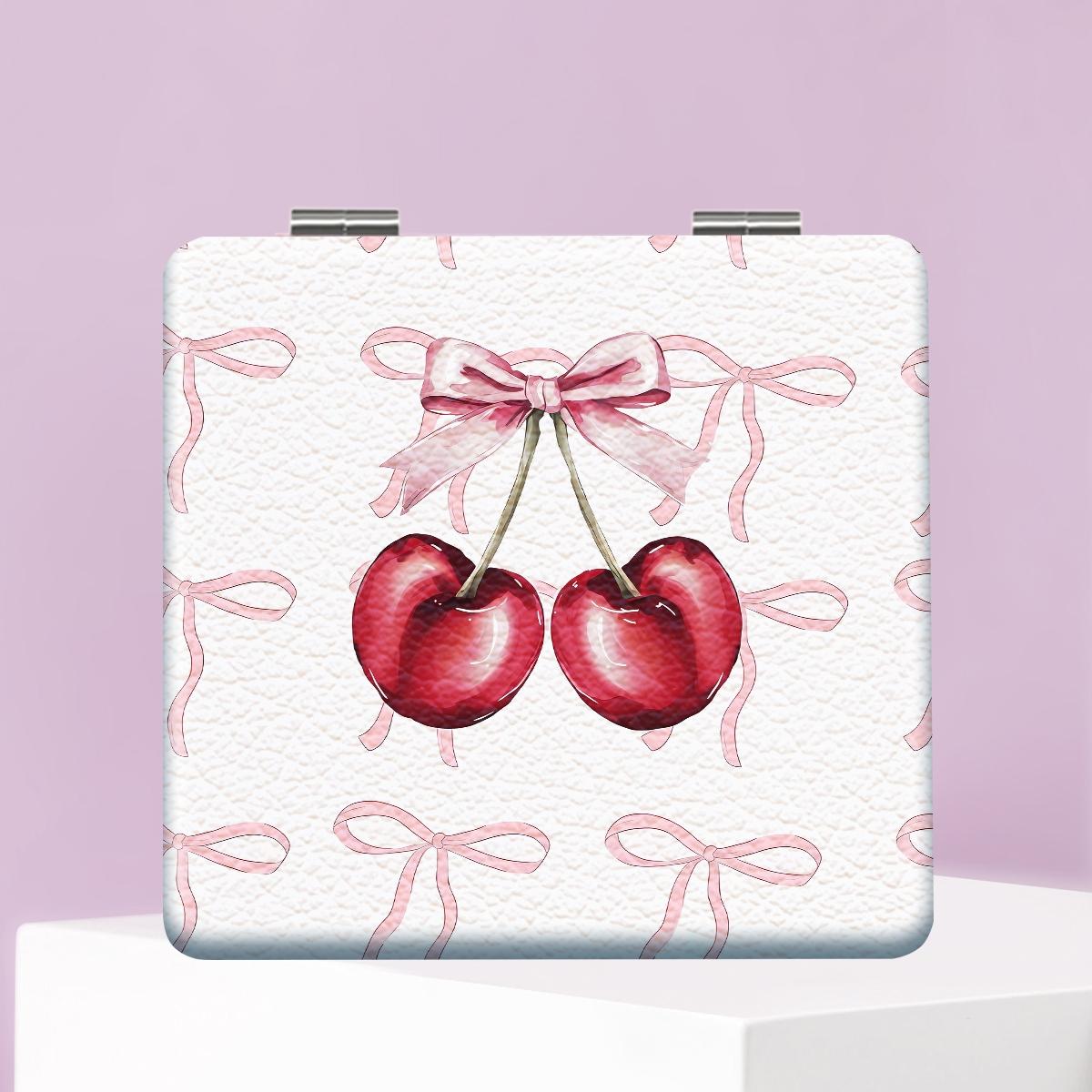 Bow & Cherry Pattern Makeup Mirror, 1 Count Foldable Handheld Travel Makeup Mirror, Portable Makeup Tool for Women & Girls, Daily Holiday Birthday Wedding Gift