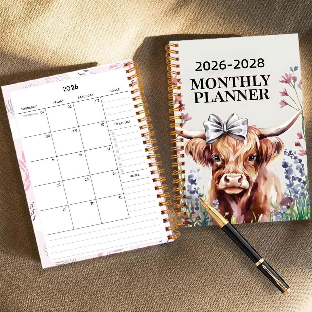 Highland Cow Monthly Planner Notebook 2026-2028, Coilbound Looseleaf Schedule Organizer, Essential Planning Tool for Efficient Time Management