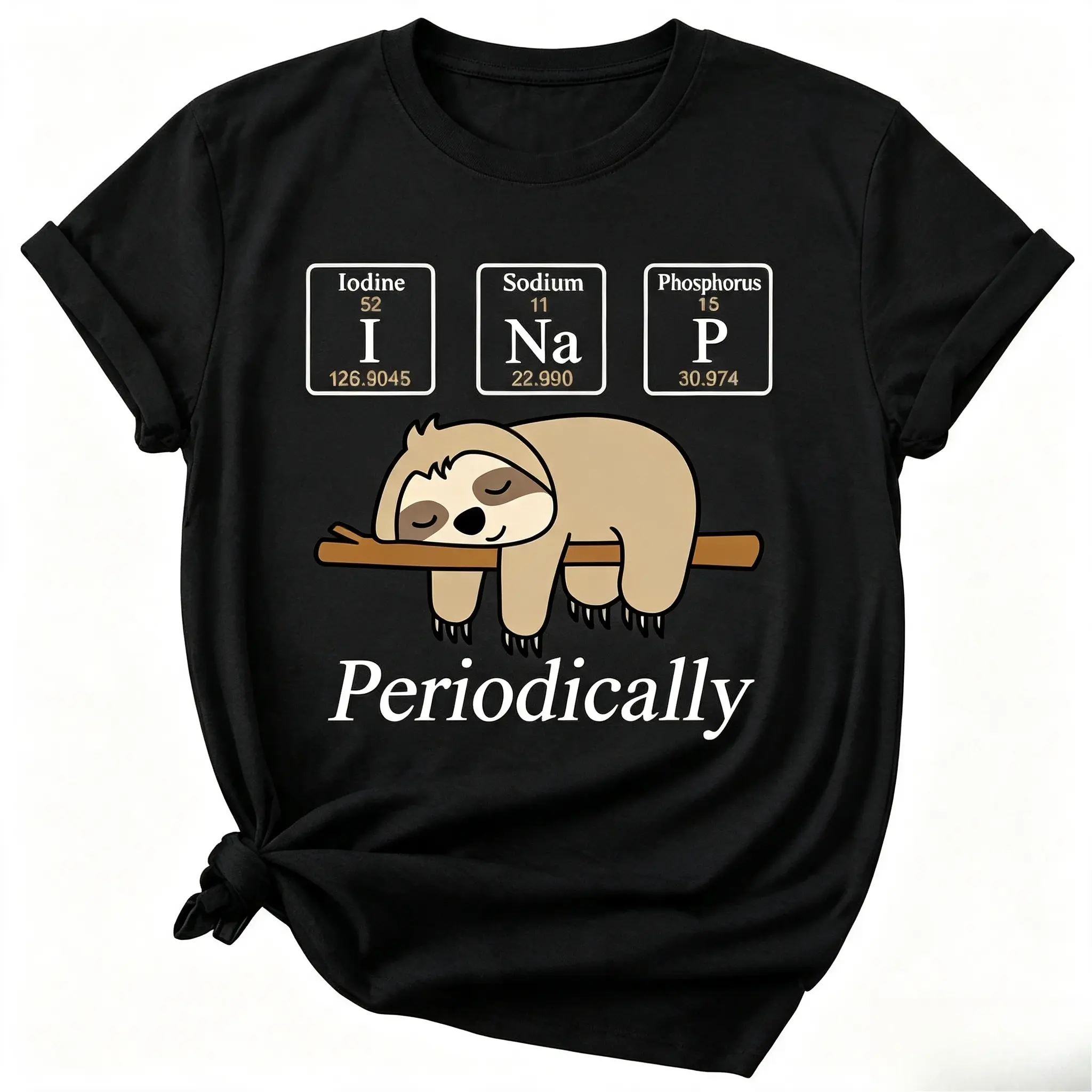I Nap Periodically Sloth Periodic Table Chemistry Graphic Cotton T-Shirt, Oversized Comfort Fashion Outfit, Cute Science Meme Casual Top, Perfect Valentine's Day Holiday Gift for Lovers, Family and Friends For Him Her