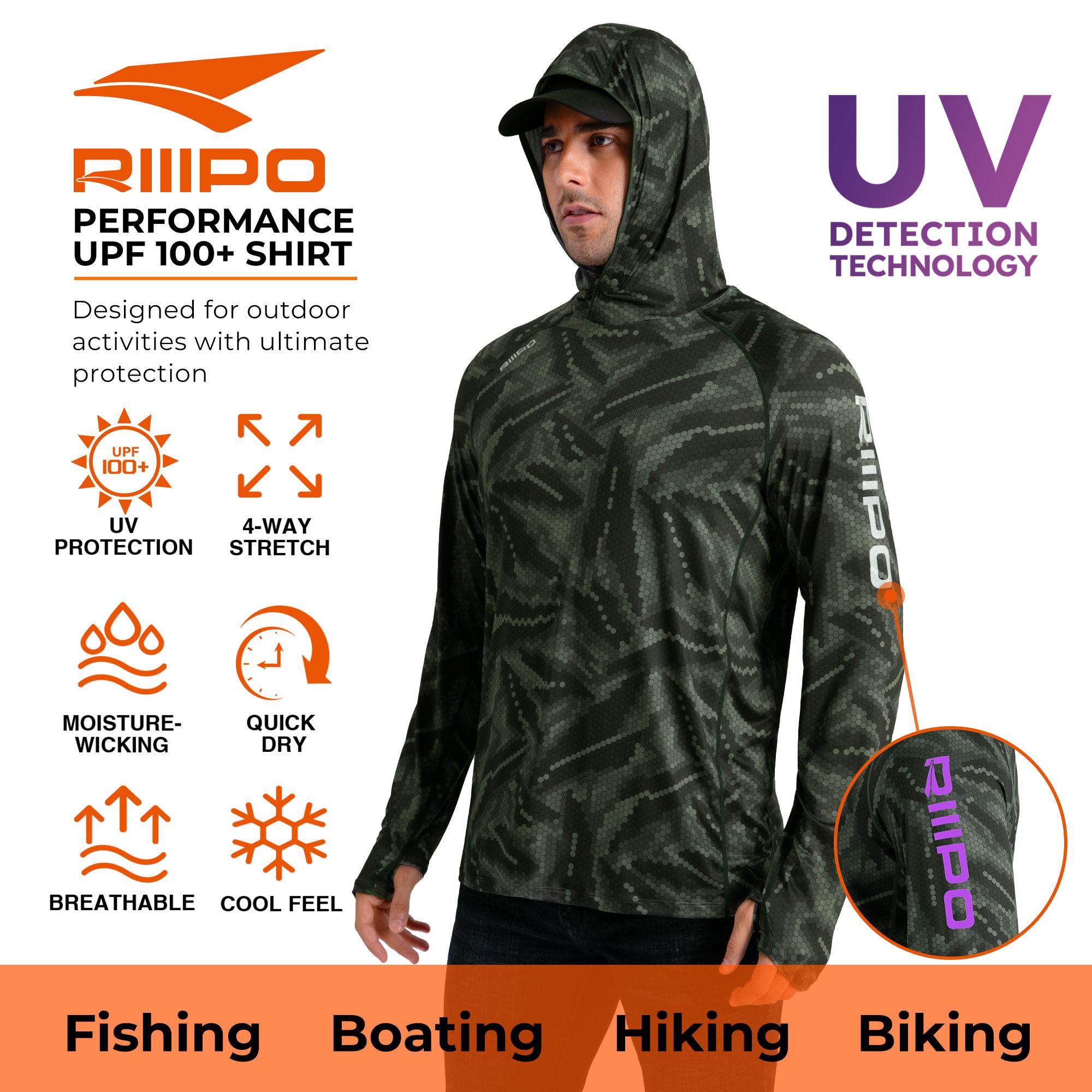 【Clearance】R20 Sun Hoodie Shirts with UV Detection Logo Thumbhole Men UPF 100+ Sun Protection Long Sleeve Lightweight Quick Dry Moisture Wicking Breathable Cooling Athletic Activewear for Outdoor Sports Fishing Boating Construction Roofing Tree Service