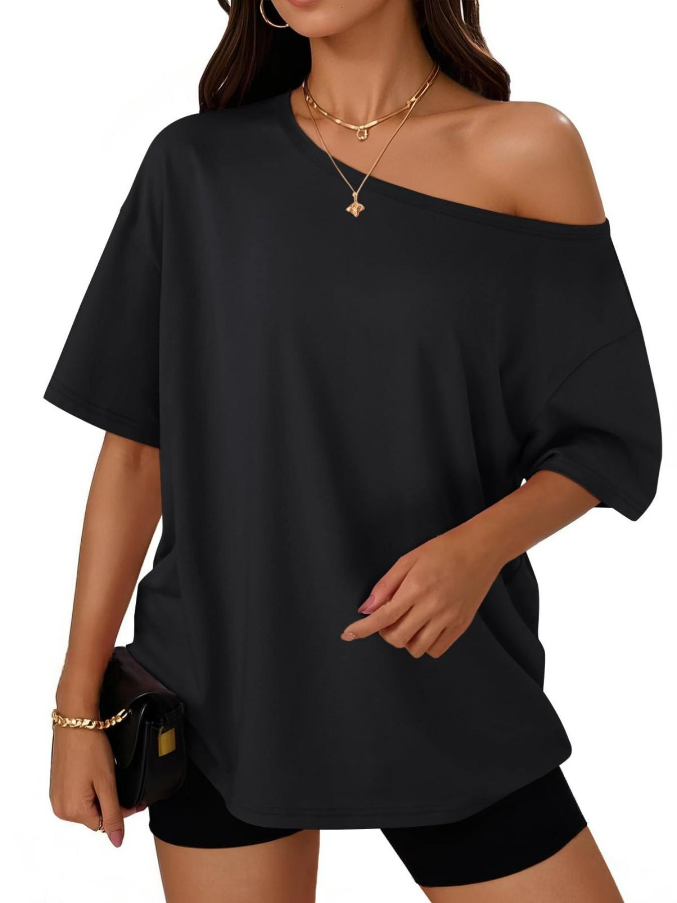 2026 Women Summer Casual Off Shoulder T Shirts Batwing Short Sleeve Loose Solid Color Basic Tee Tops