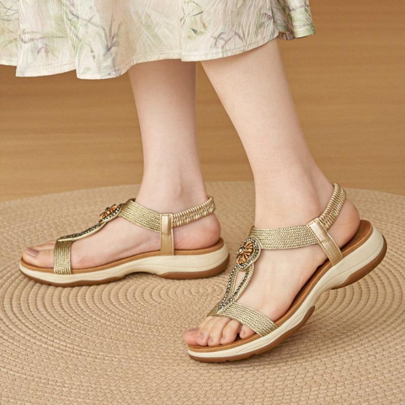 Women’s Boho Beaded T-Strap Sandals, Elastic Slingback Non-Slip TPR Soft Platform Summer Daily Beach Sandals