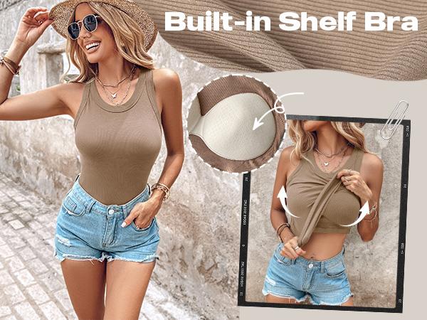 ChicMe Built-in Bra Tank Top Ribbed Racerback Tops Women Going Out Tops Everyday Basic Tanks Padded Tops