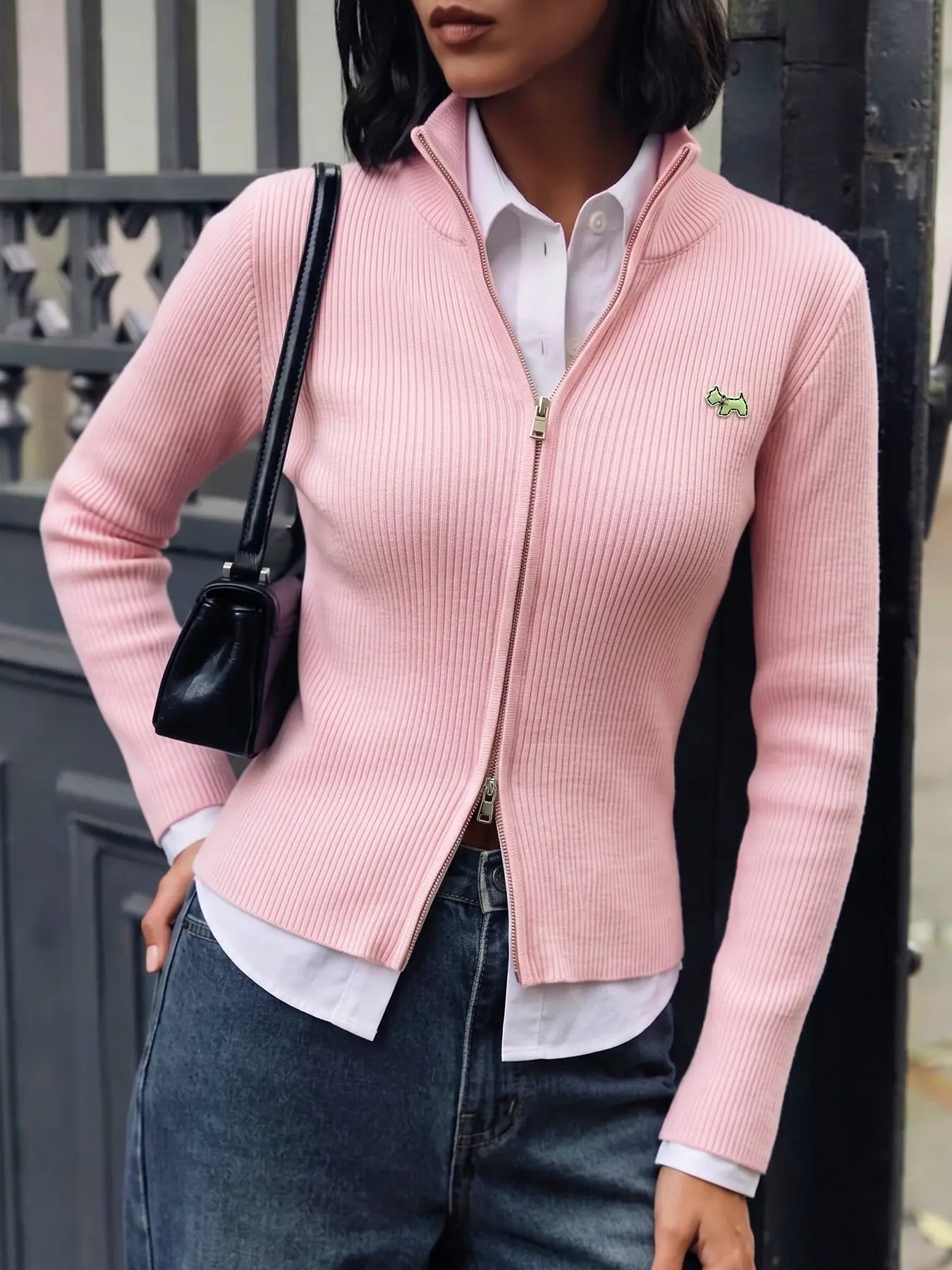 Women's Stand Collar Dual Zip Cardigan, College Style Zip Sweater, Y2K Short Knit Jacket, Soft Casual Wide Sweater Vest