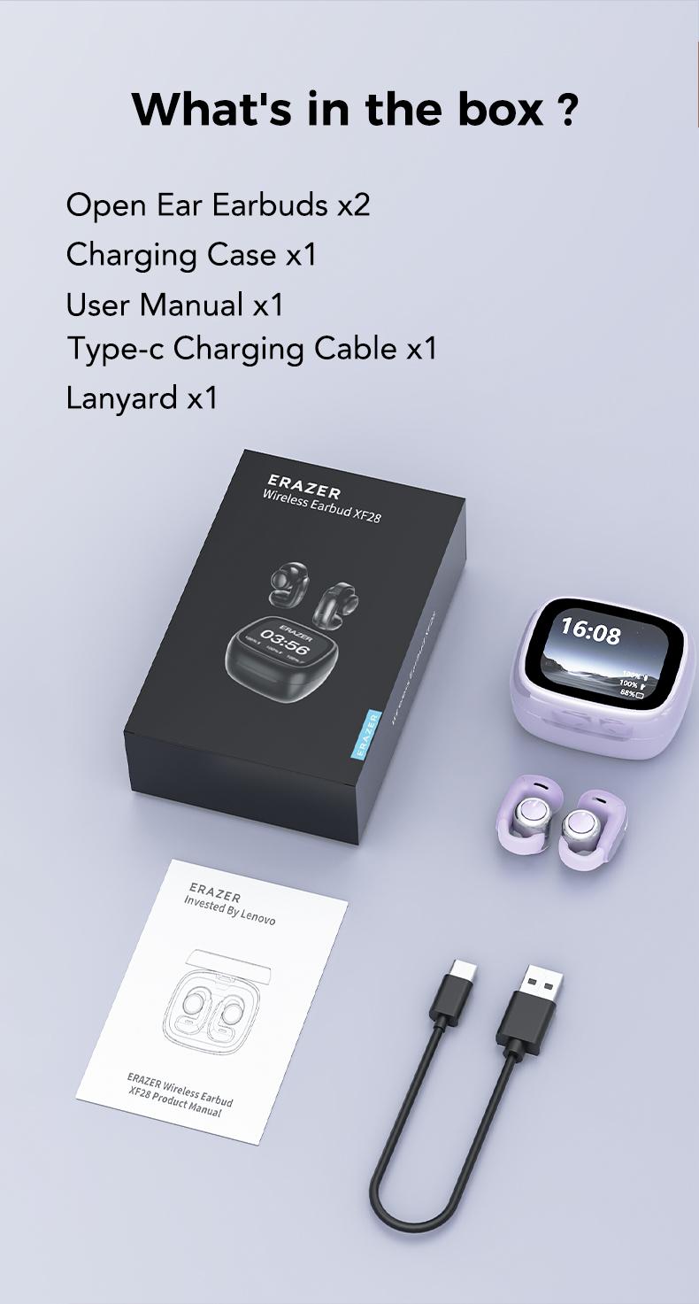 ERAZER XF28 Clip-on Open Ear Translation Wireless Earbuds With APP, Wireless Headphones With Audio-Visual Future Touch Screen, Waterproof Sports Electronic Earphones with Long Endurance,Bluetooth 6.0 Immersive Audio Earphones, for Sports Running Working